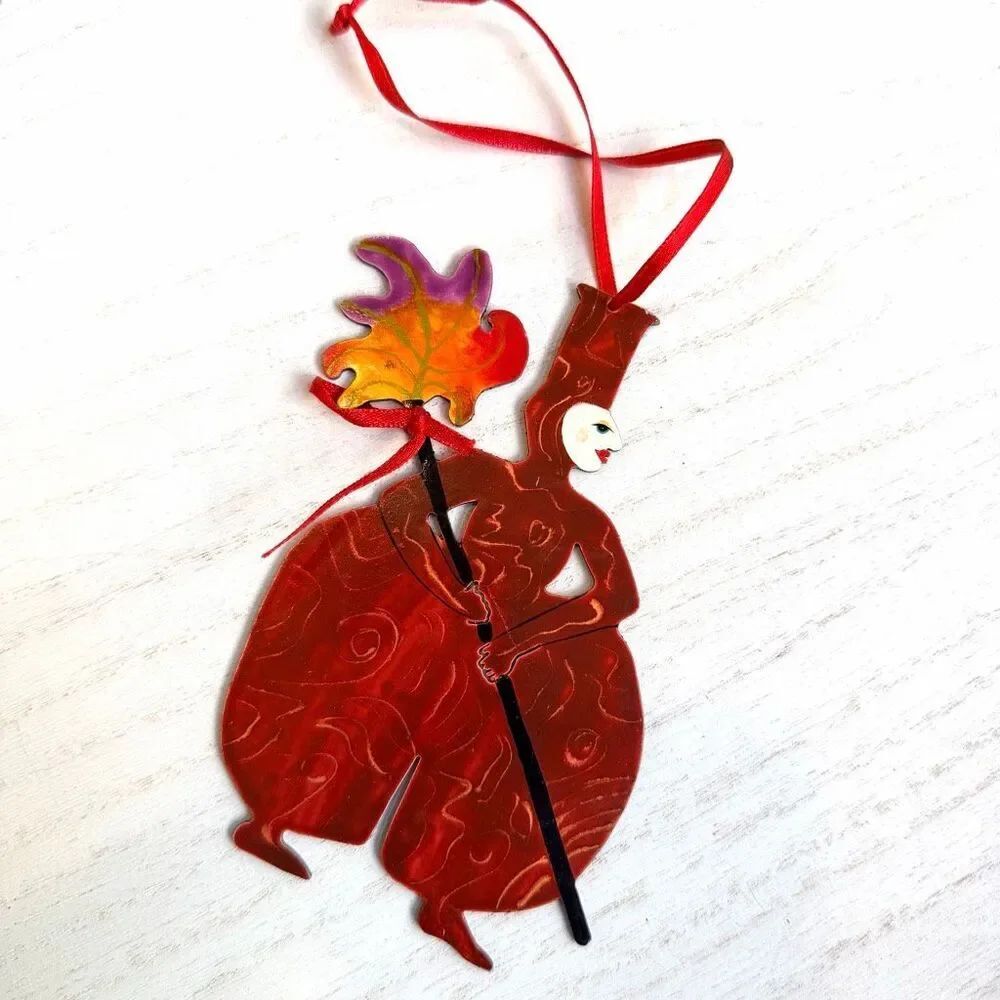 Judie Bomberger Signed Metal Ornament Cirque Style Figure Red Enamel Art